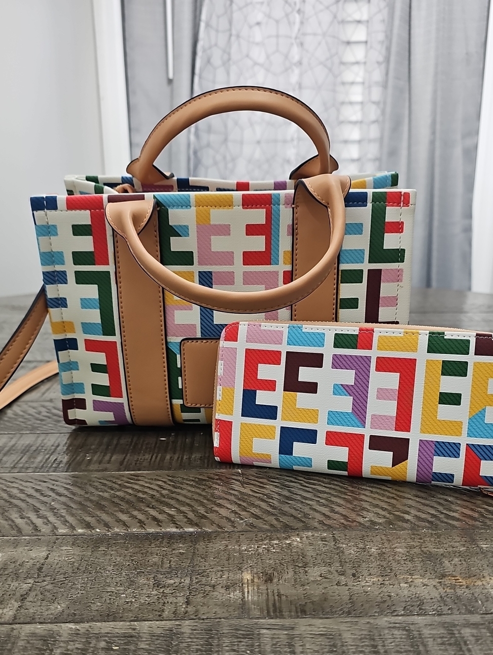 Multicolor Geometric Print Tote with Tan Trim - Designer Style